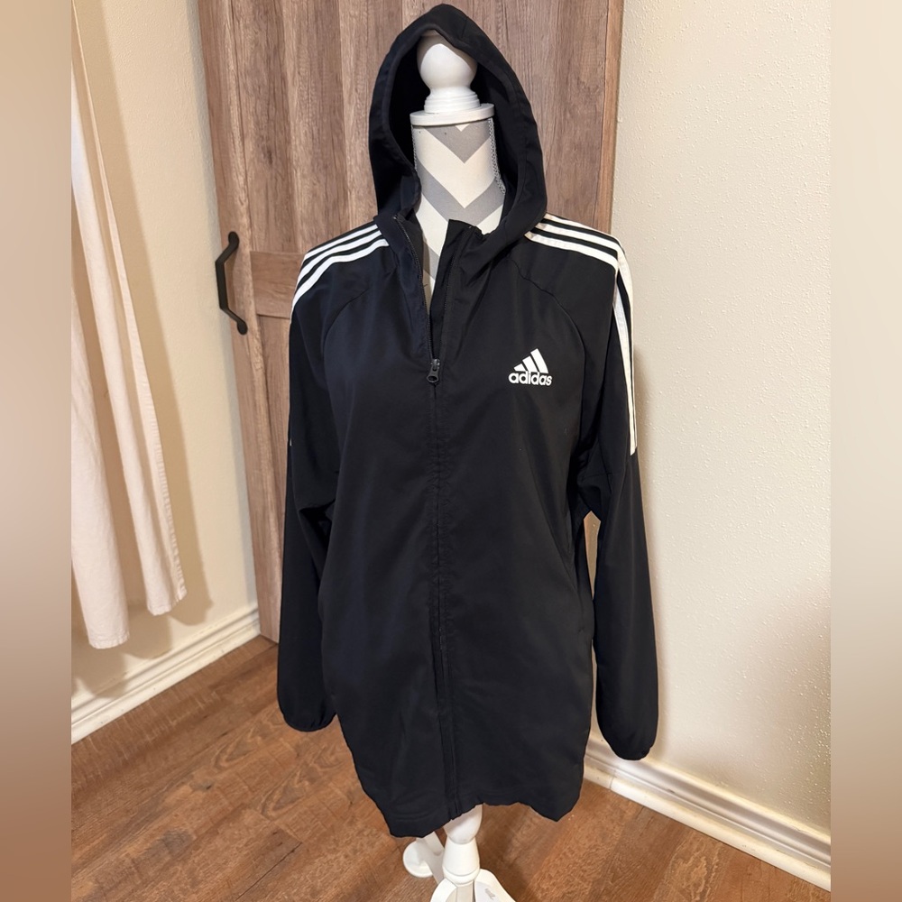 Adidas Black Hooded Windbreaker Jacket 3 Stripe Full Zip Lightweight Vented Back